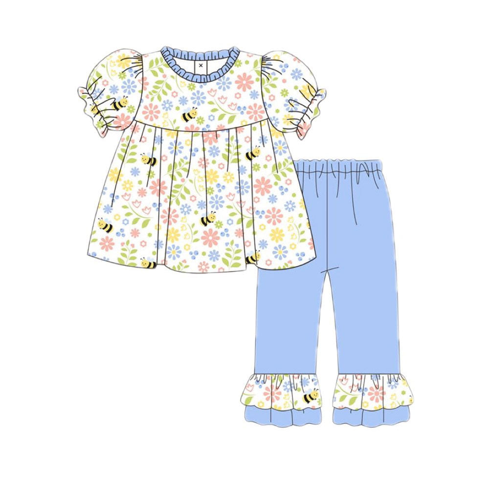 (Pre-order)GSPO2213 Colorful Flowers Bee Top Blue Pants Girls Clothes Set