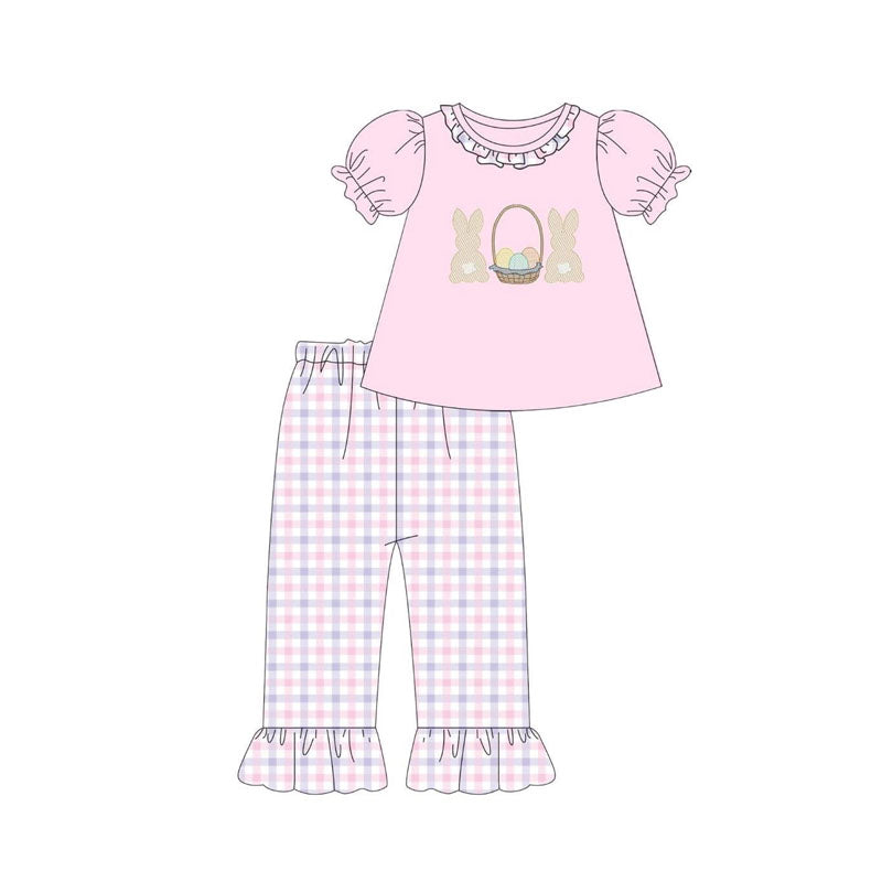 (Pre-order)GSPO2214 Bunny Egg Pink Top Plaid Pants Girls Easter Clothes Set