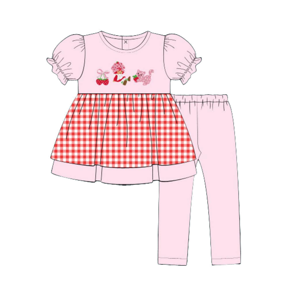 (Pre-order)GSPO2217 Strawberry Girl Cat Plaid Tunic Top Pink Pants Girls Clothes Set