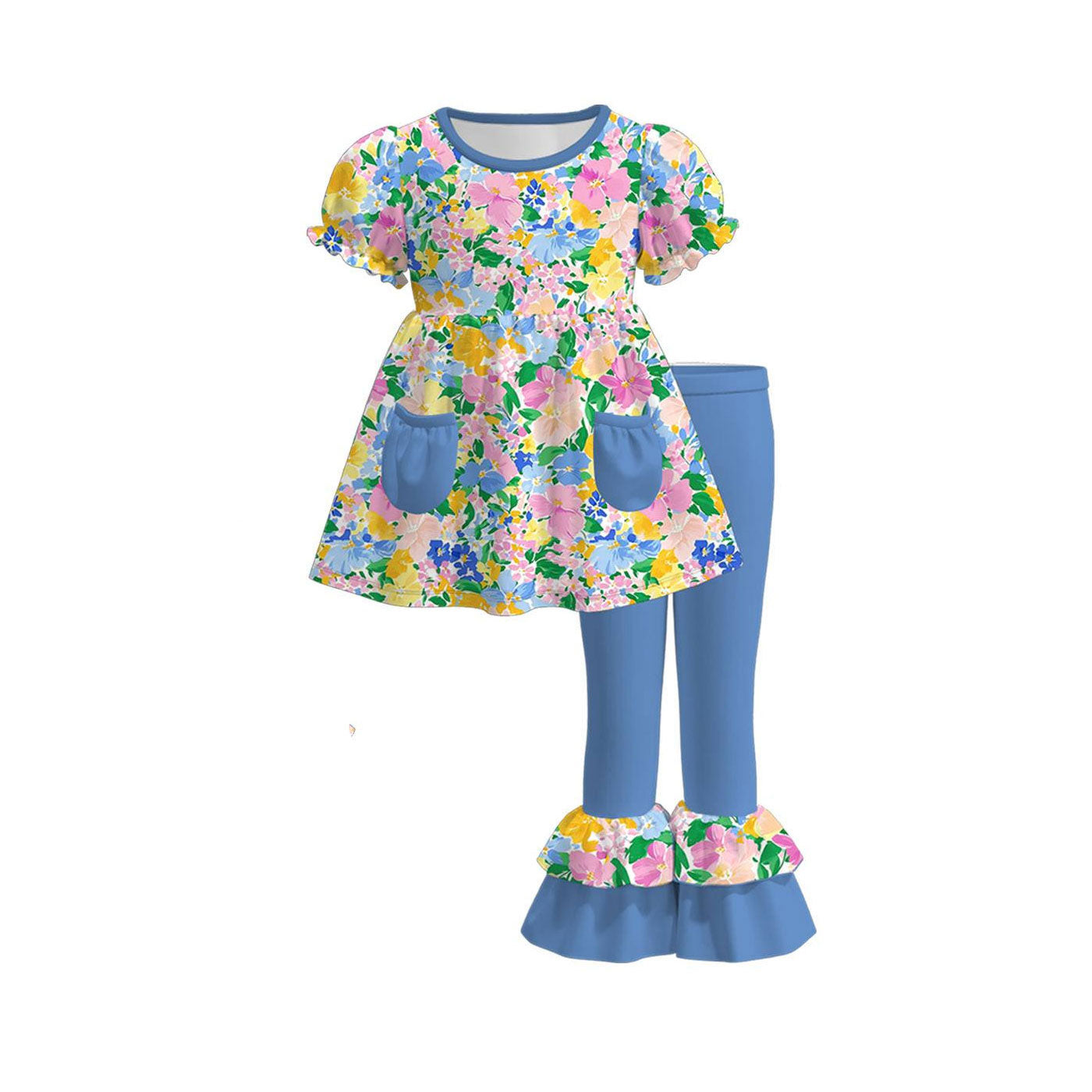 (Pre-order)GSPO2221 Colorful Flowers Pockets Tunic Top Blue Ruffle Pants Girls Clothes Set