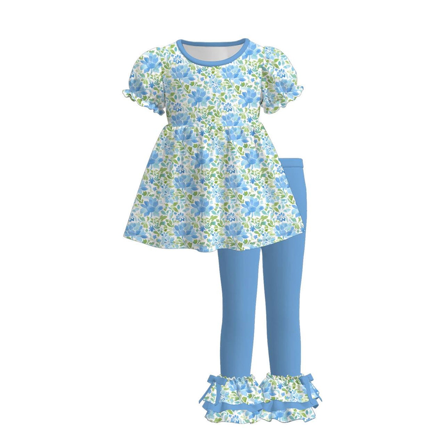 (Pre-order)GSPO2223 Blue Flowers Tunic Top Ruffle Pants Girls Clothes Set