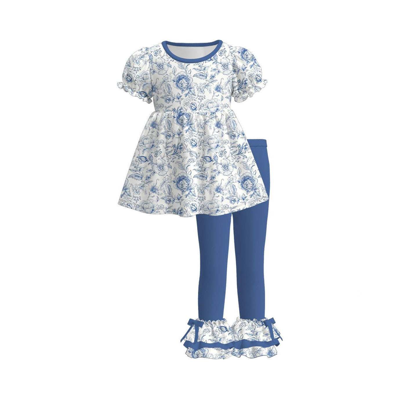 (Pre-order)GSPO2224 Blue White Flowers Tunic Top Ruffle Pants Girls Clothes Set