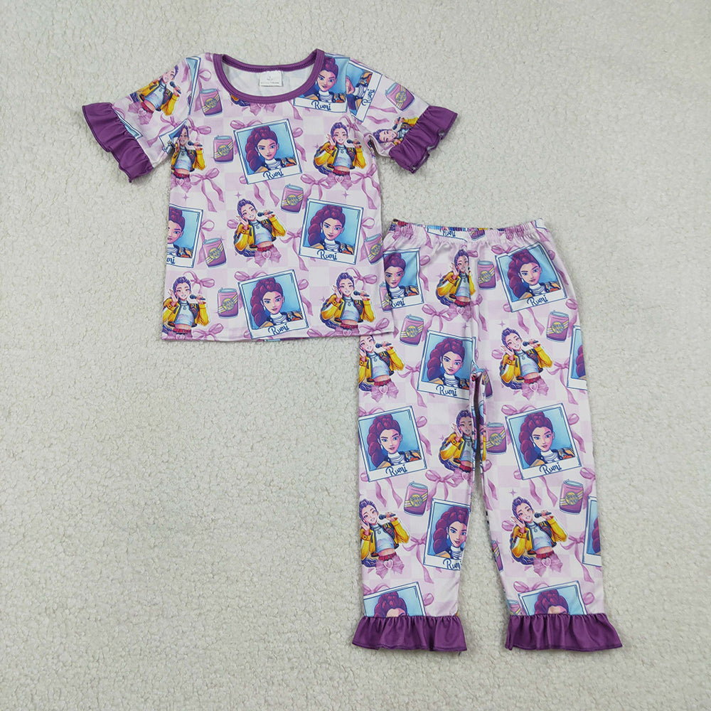 GSPO2228 Cartoon Demon Movie Purple Bows Print Girls Pajamas Clothes Set