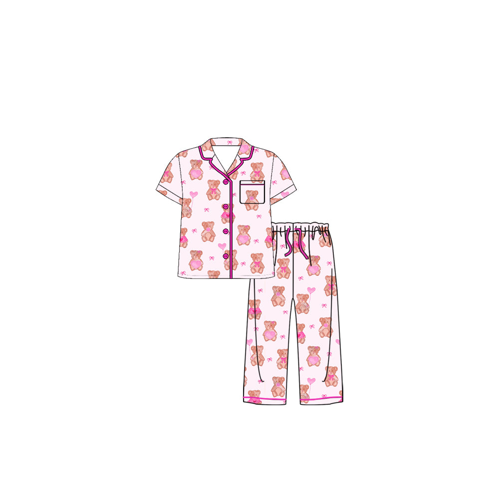 (Pre-order)GSPO2233 Bear Heart Print Girls Valentine's Day Buttons Pajamas Clothes Set