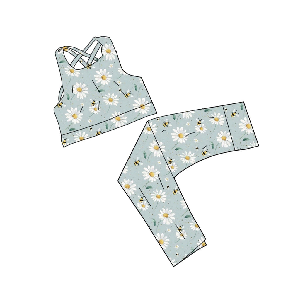 (Pre-order)GSPO2238 Bee Flowers Tank Top Legging Pants Girls Yoga Clothes Set