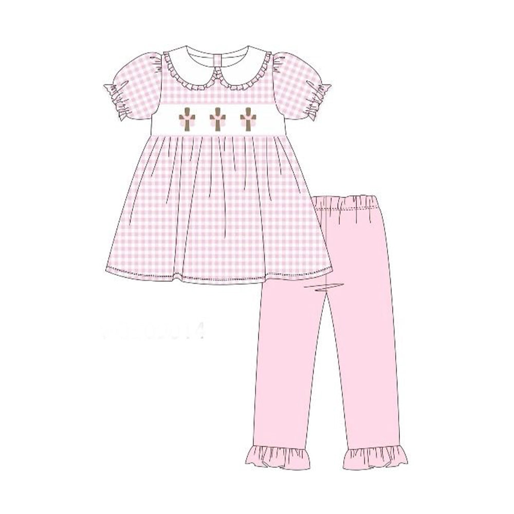 (Pre-order)GSPO2242 Cross Plaid Tunic Top Pink Pants Girls Easter Clothes Set