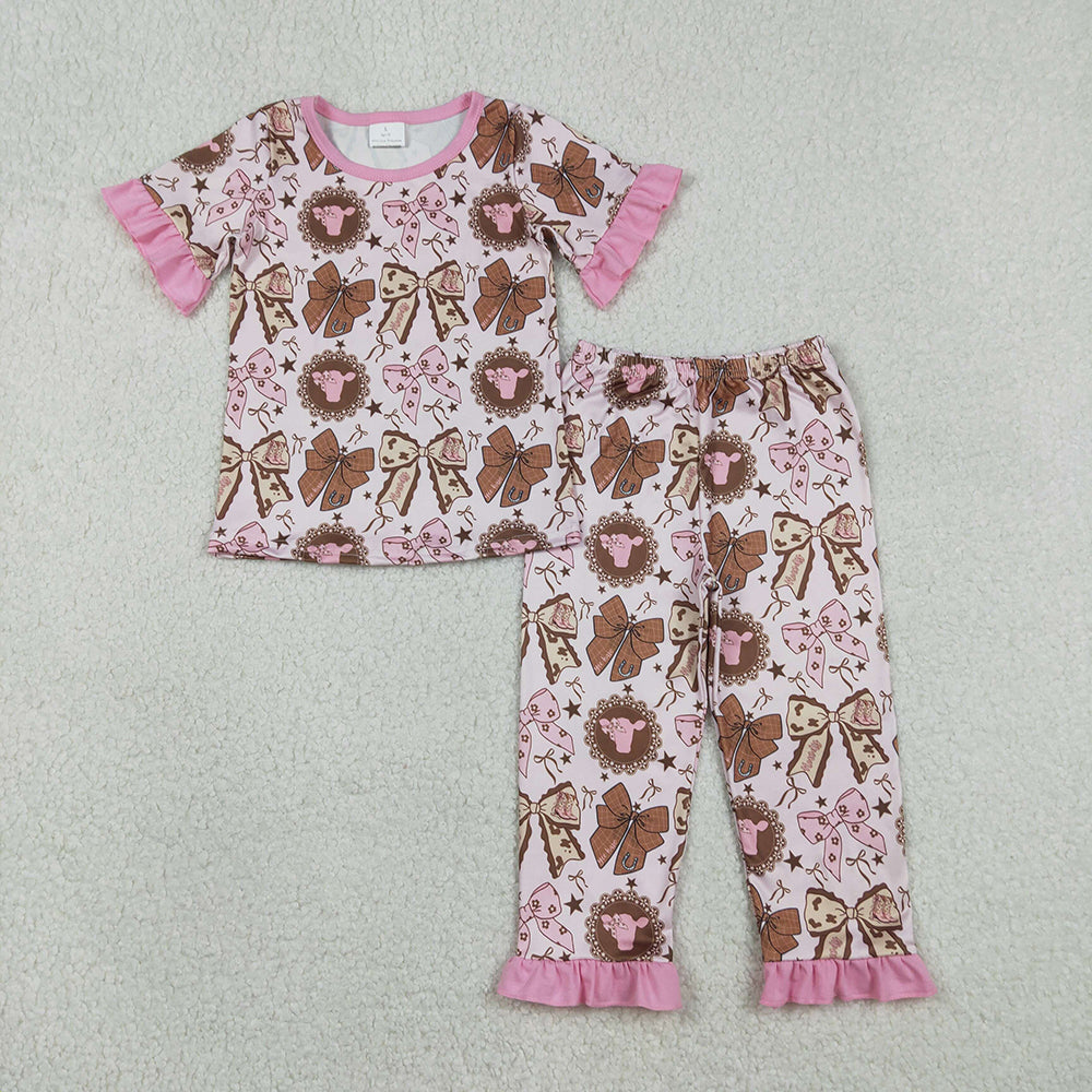 GSPO2244 Heifer Bows Pink Print Girls Western Pajamas Clothes Set