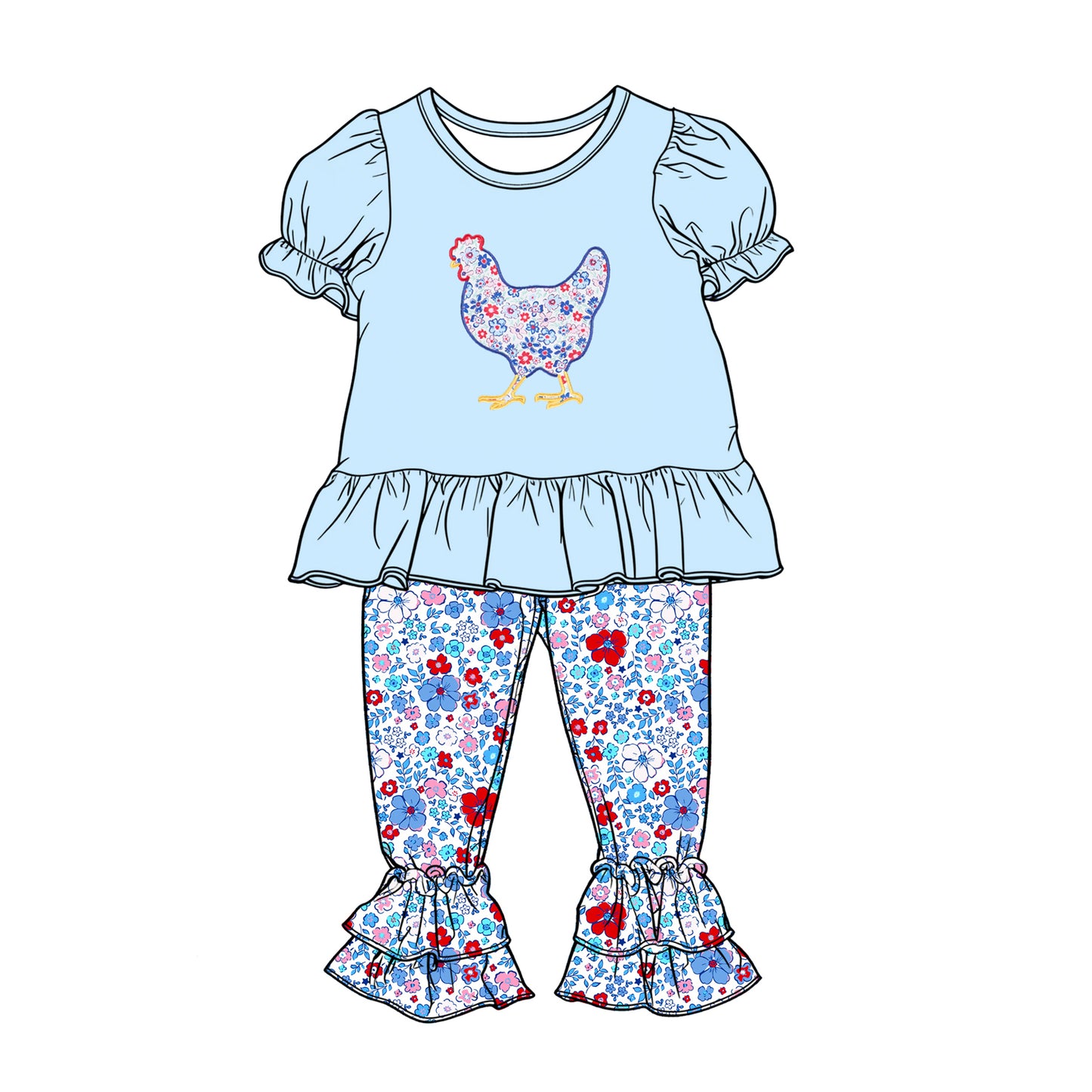 (Pre-order)GSPO2261 Chicken Blue Top Flowers Pants Girls 4th of July Clothes Set