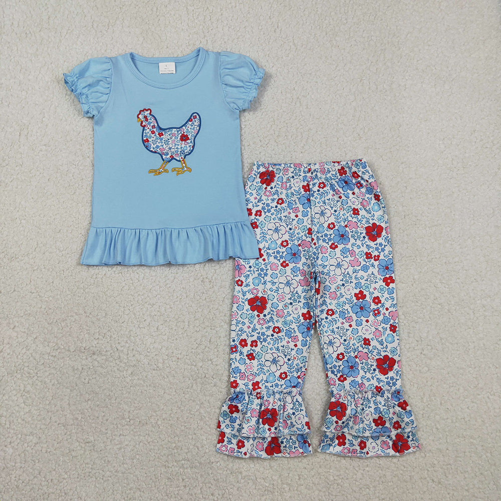 GSPO2261 Chicken Embroidery Blue Top Flowers Pants Girls 4th of July Clothes Set