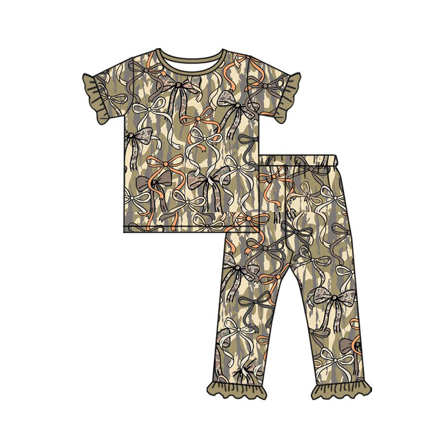 (Pre-order)GSPO2264 Camo Bows Print Girls Pajamas Clothes Set