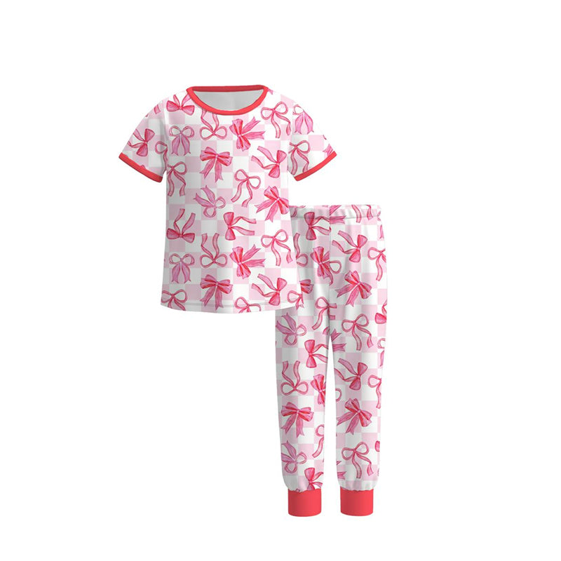 (Pre-order)GSPO2269 Bows Pink Plaid Print Girls Pajamas Clothes Set