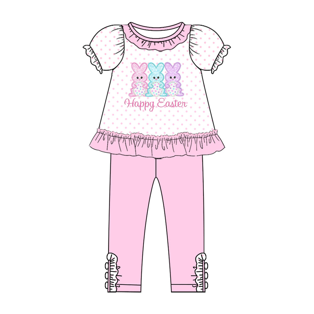 (Pre-order)GSPO2270 Bunny Dots Tunic Top Pink Pants Girls Easter Clothes Set