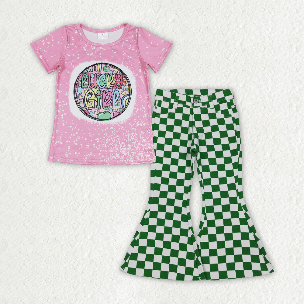 GSPO2288 Pink Luck Girl Top Green Plaid Denim Bell Jeans Girls St. Patrick's Day Clothes Set