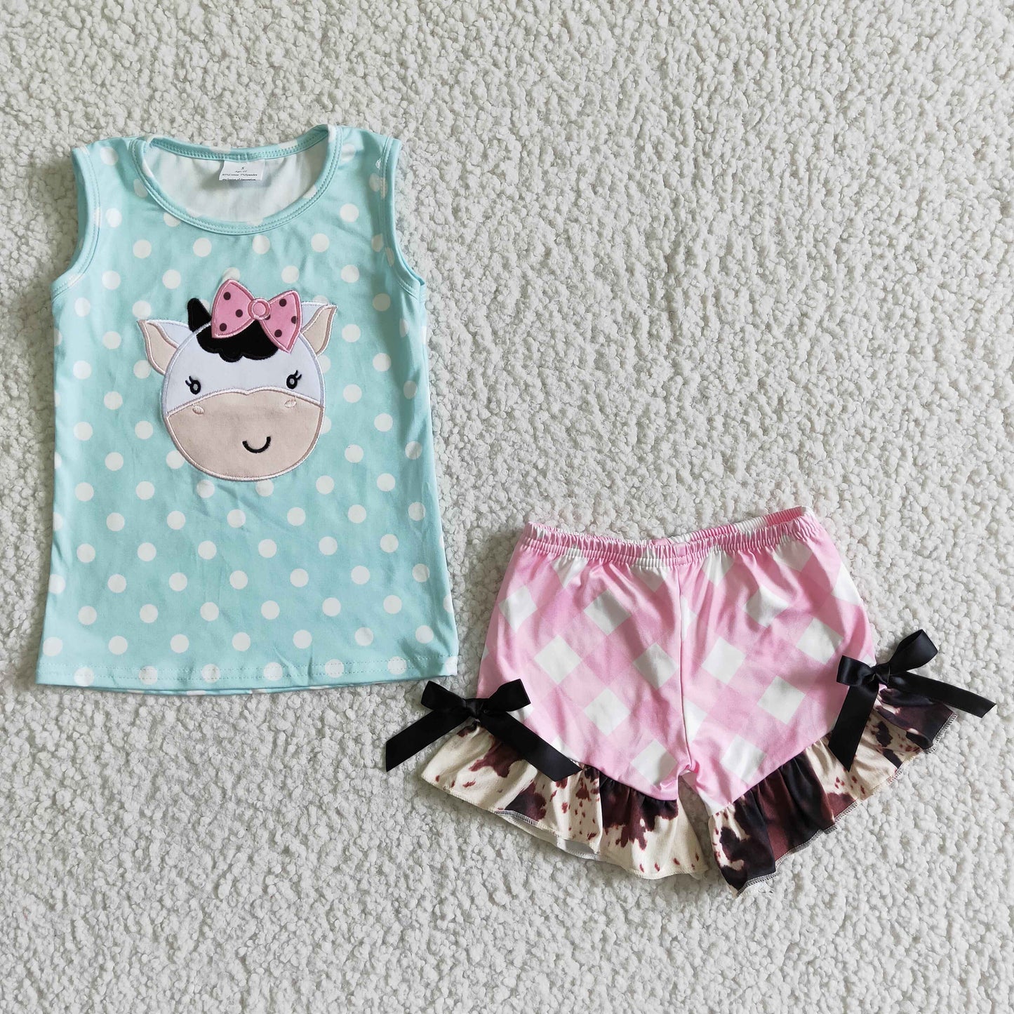 (Promotion)Girls summer cow print embroidery outfits   GSSO0088
