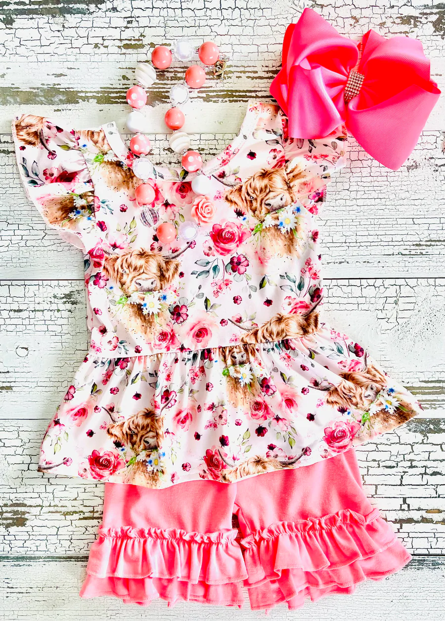 (Promotion)Girls highland cow floral print summer outfits GSSO0133