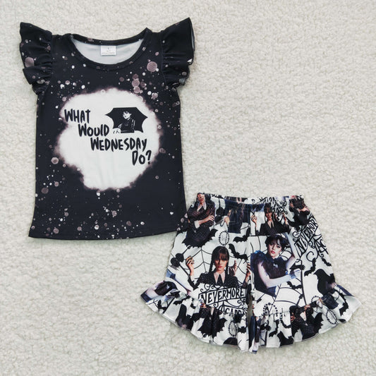 (Promotion)Girls black cartoon Wednesday design summer outfits GSSO0177
