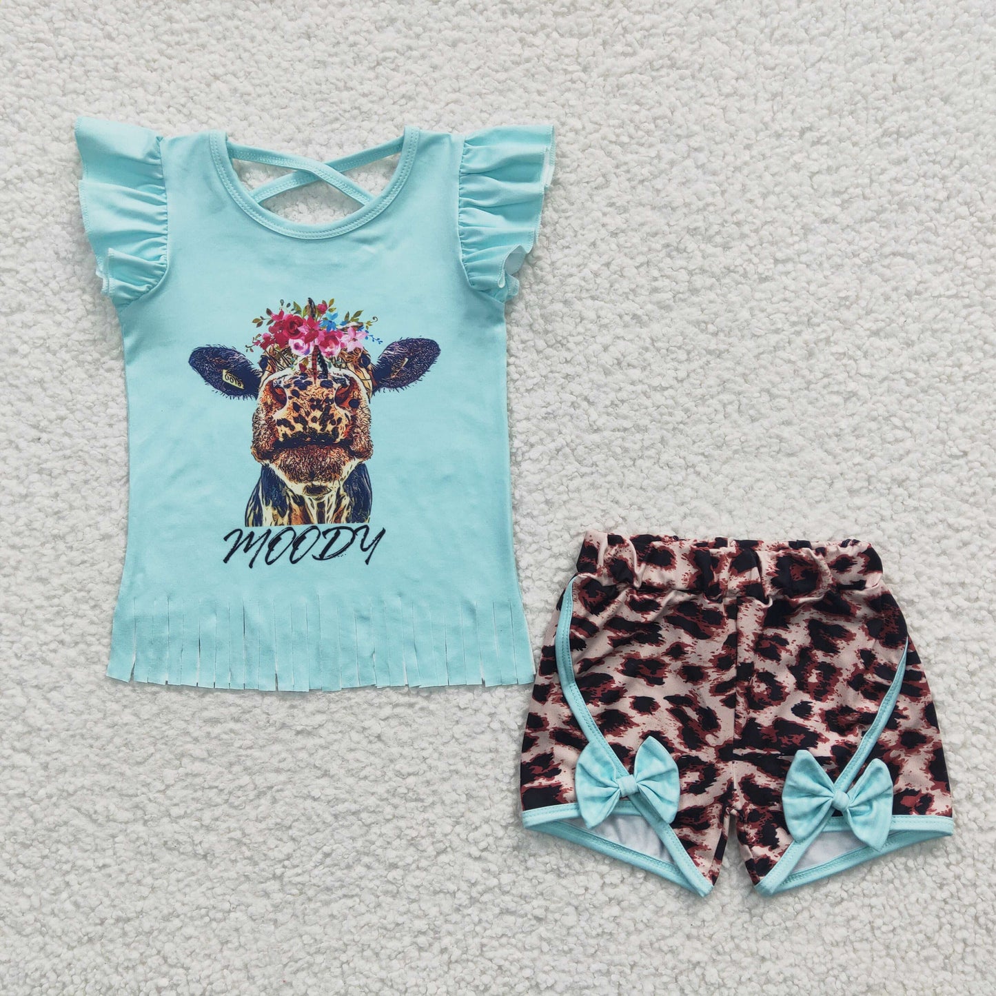 (Promotion)Girls MOODY tassels top cheetah print short summer outfit GSSO0197