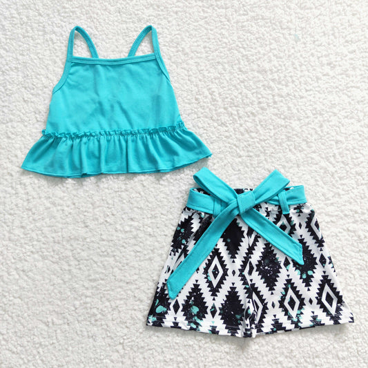 (Promotion)Girls Blue Strap Top Aztec shorts sets GSSO0201