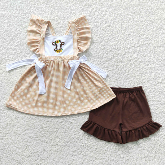 (Promotion)GSSO0233  Girls brown cow print summer shorts outfits