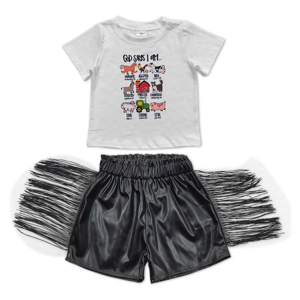 GSSO0366 Animals Top Black Leather Tassels Shorts Girls Summer Clothes Set