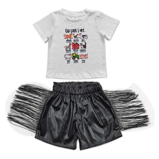 GSSO0366 Animals Top Black Leather Tassels Shorts Girls Summer Clothes Set