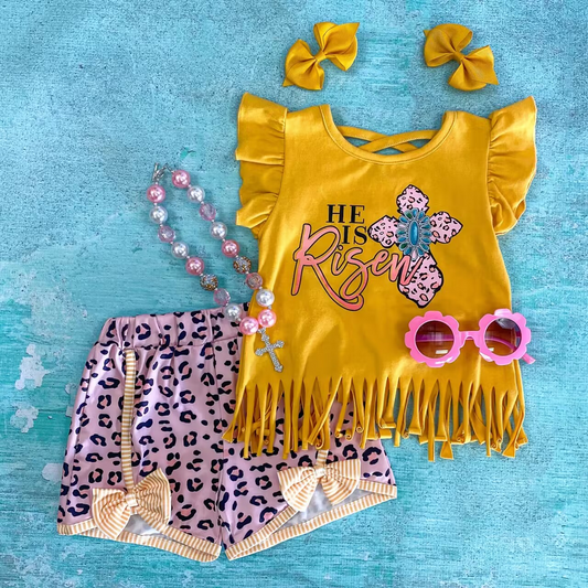 (Pre-order) GSSO0375 He Is Risen Cross Tassels Top Leopard Shorts Easter Clothes Set