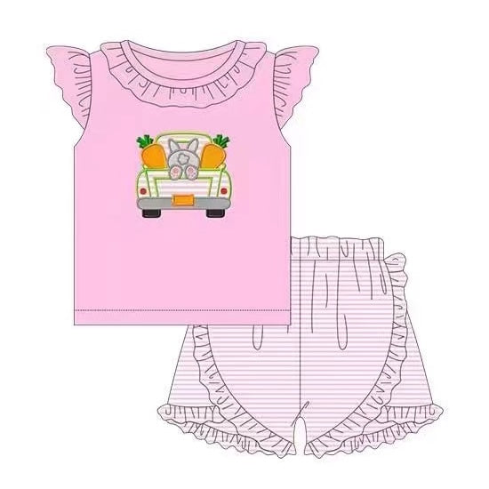 (Pre-order)GSSO0377 Pink Bunny Truck Carrot Girls Shorts Easter Clothes Set