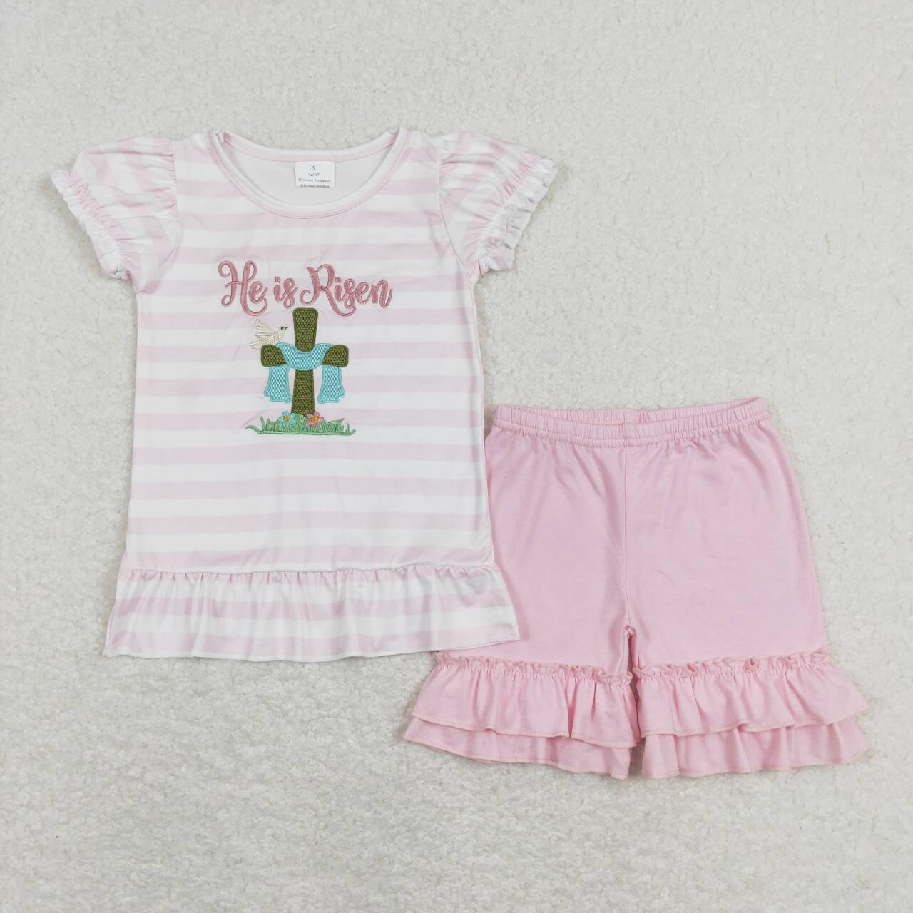 He Is Risen Cross Embroidery Stripes Print Sibling Easter Matching Clothes