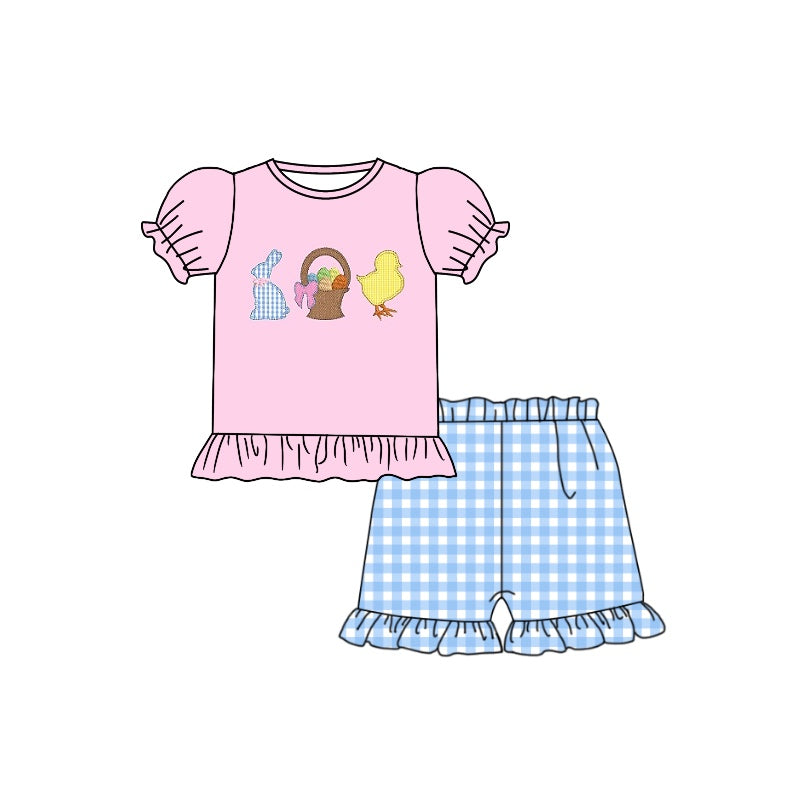 (Pre-order)GSSO0410 Pink Bunny Egg Chickling Print Girls Plaid Shorts Easter Clothes Set