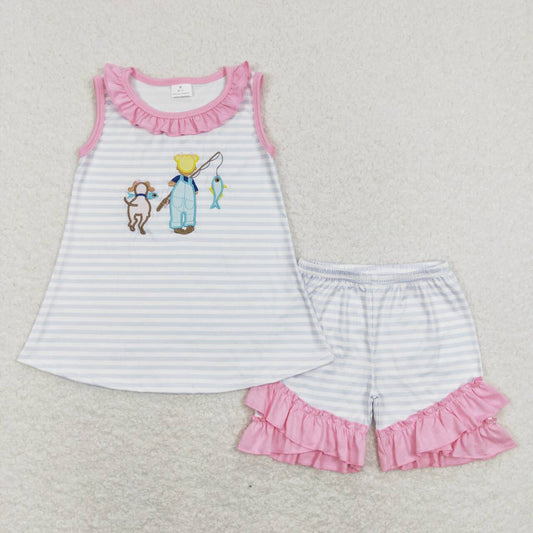 GSSO0412 Go Fishing Embroidery Top Ruffle Shorts Girls Summer Clothes Set