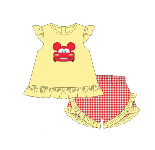 (Pre-order)GSSO0413 Cartoon Car Yellow Top Plaid Shorts Girls Summer Clothes Set