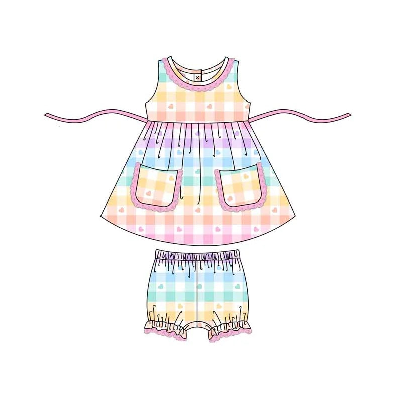(Pre-order)GSSO0414 Rainbow Plaid Heart Print Girls Summer Clothes Set