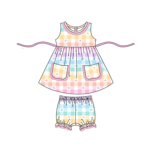 (Pre-order)GSSO0414 Rainbow Plaid Heart Print Girls Summer Clothes Set
