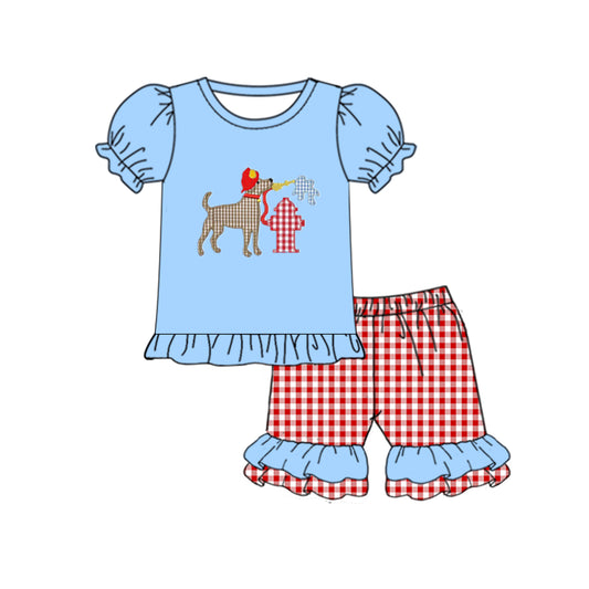 (Pre-order)GSSO0418 Fire Fighting Dog Print Red Plaid Shorts Girls Summer Clothes Set