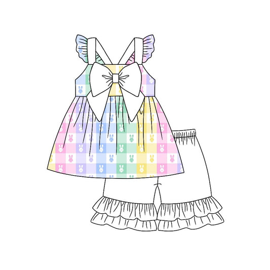 (Pre-order)GSSO0421 Colorful Bunny Plaid Print White Shorts Girls Easter Clothes Set