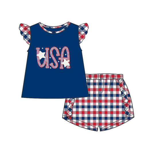 (Pre-order)GSSO0422 USA Star Print Plaid Shorts Girls 4th of July Clothes Set