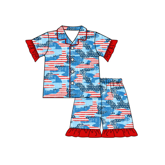 (Pre-order)GSSO0426 Star Stripes Print Girls Shorts 4th of July Pajamas Clothes Set