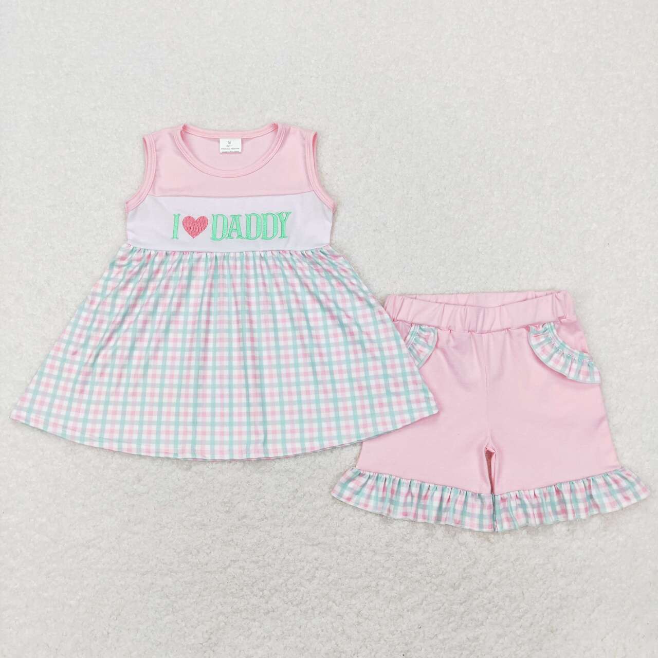 I LOVE DADDY Embroidery Plaid Print Sibling Summer Matching Clothes