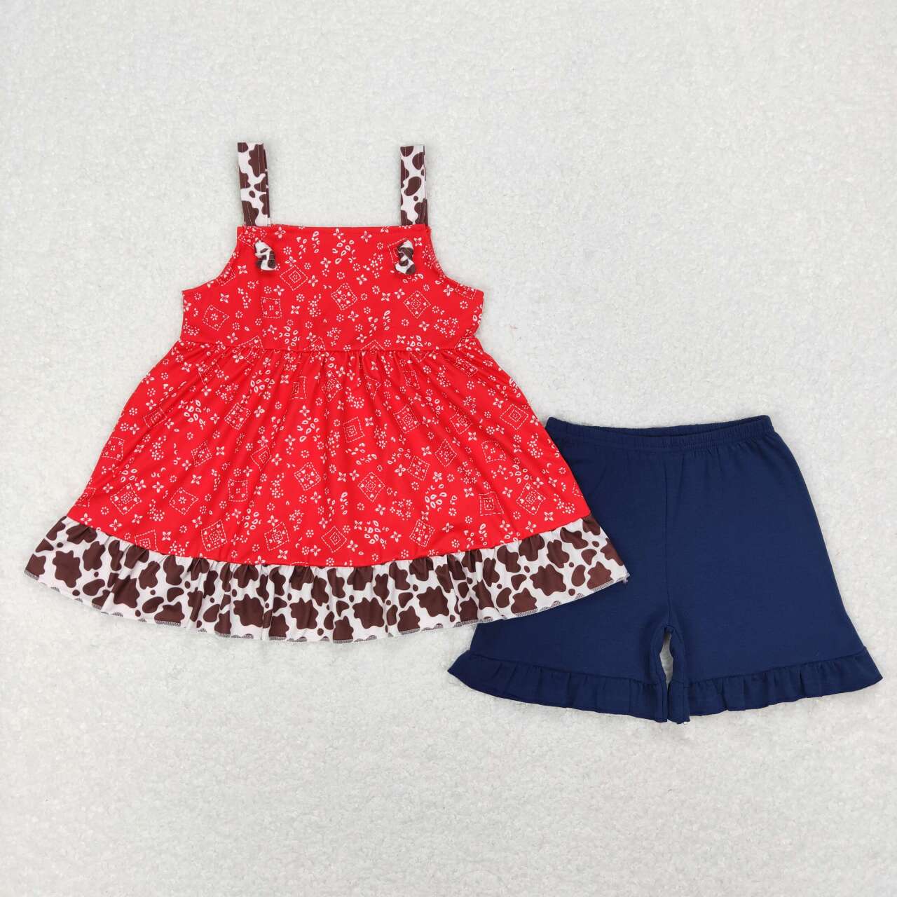 GSSO0464 Paisley Straps Top Ruffle Shorts Girls Summer Western Clothes Set