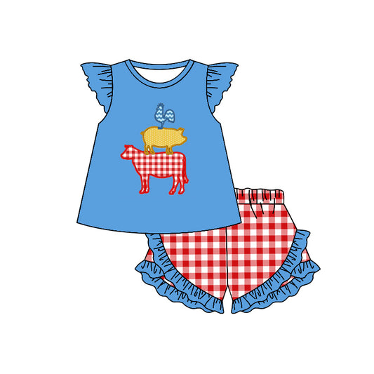 (Pre-order)GSSO0475 Farm Animals Blue Top Red Plaid Shorts Girls Summer Clothes Set