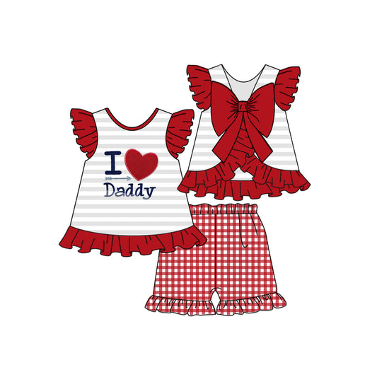 (Pre-order)GSSO0479 I LOVE Daddy Bow Top Red Plaid Shorts Girls Summer Clothes Set