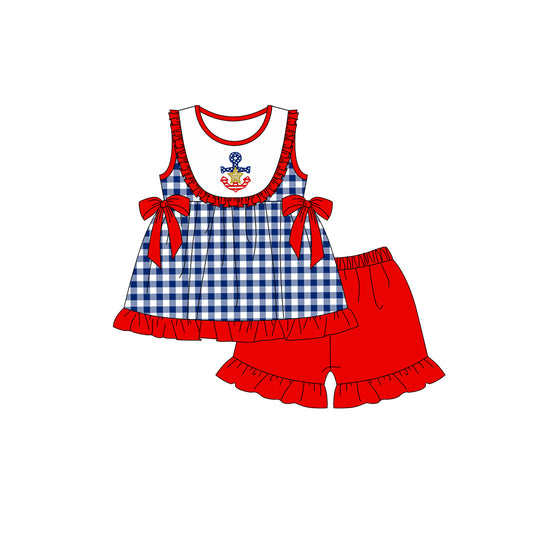 (Pre-order)GSSO0480 Anchor Tunic Top Red Shorts Girls 4th of July Clothes Set
