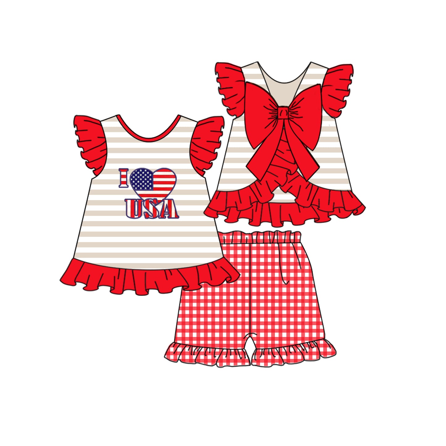 (Pre-order)GSSO0481 I LOVE USA Heart Flag Bow Top Red Plaid Shorts Girls 4th of July Clothes Set