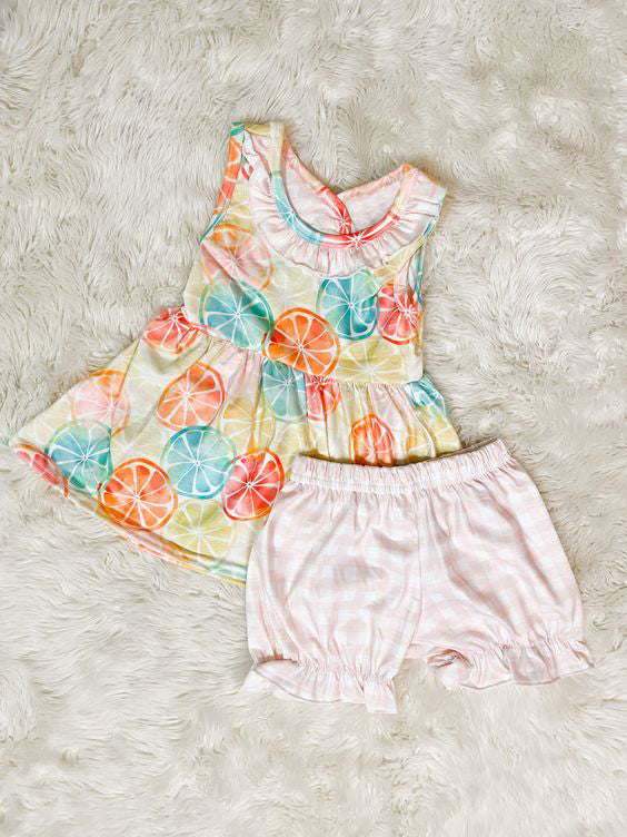 (Pre-order)GSSO0500 Colorful Fruits Tunic Top Pink Shorts Girls Summer Cothes Set