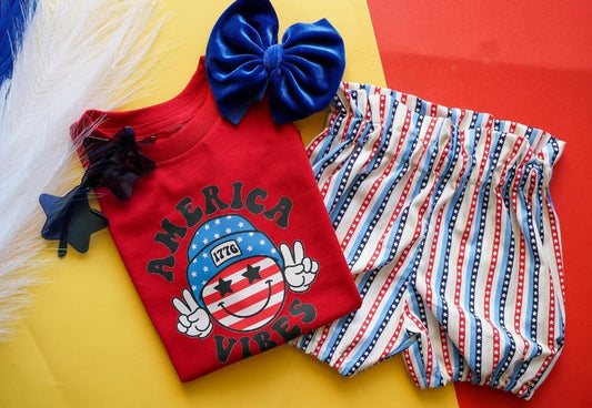 (Pre-order)GSSO0515 America Vibes Smiling Face Print Star Shorts Kids 4th of July Clothes Set