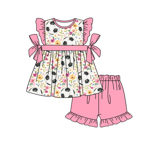 (Pre-order)GSSO0561 Soccer Flowers Top Pink Shorts Girls Summer Clothes Set