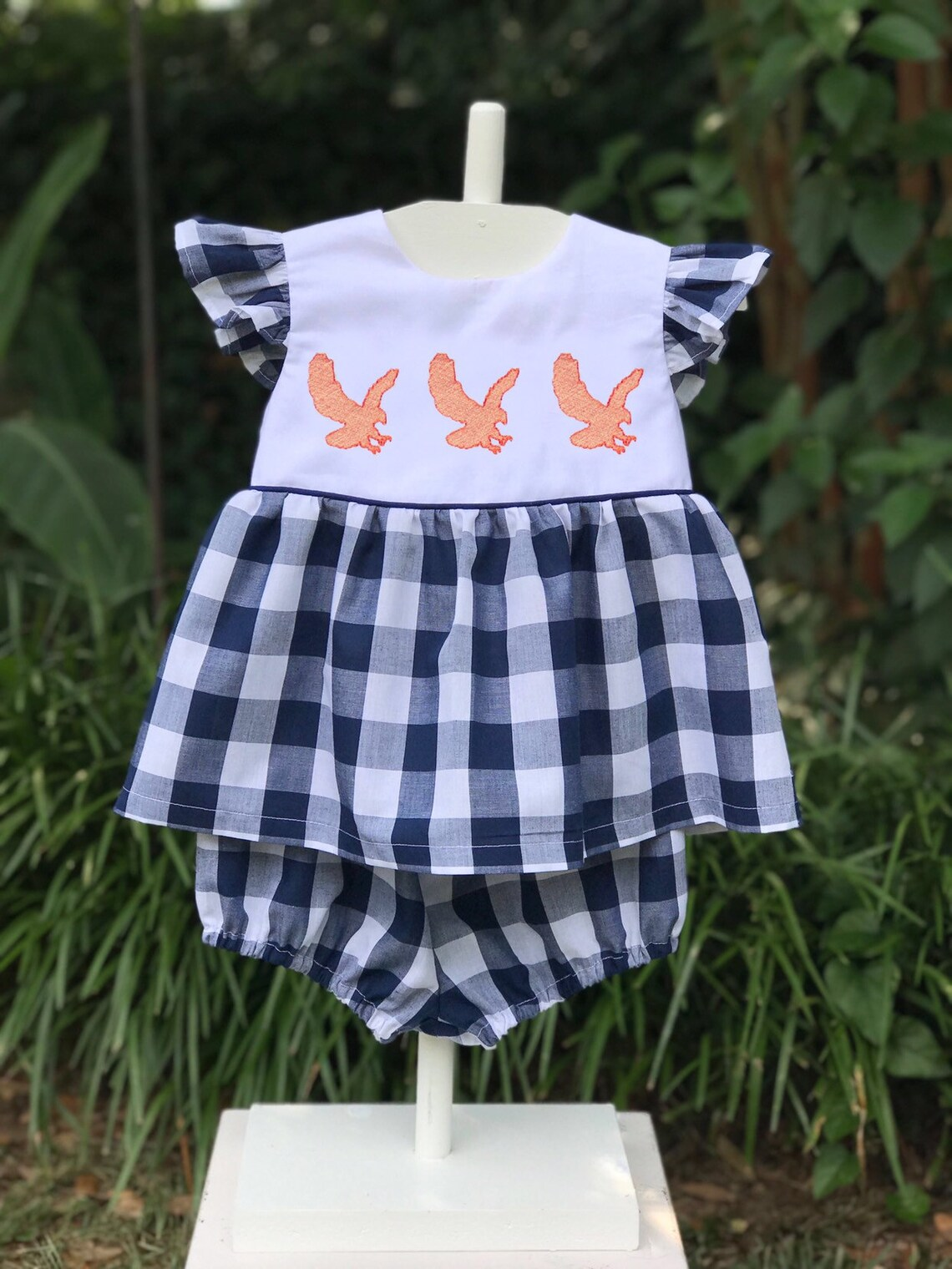 (Pre-order)GSSO0585 Eagle Navy Plaid Print Girls Summer Clothes Set