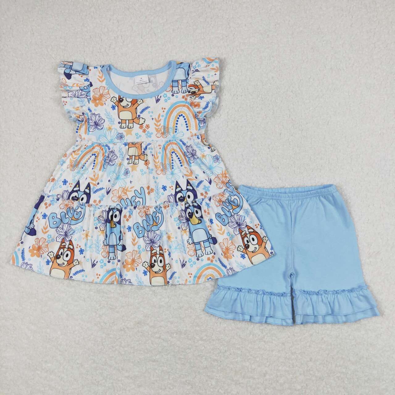 GSSO0635 Cartoon Dog Top Blue Shorts Girls Summer Clothes Set