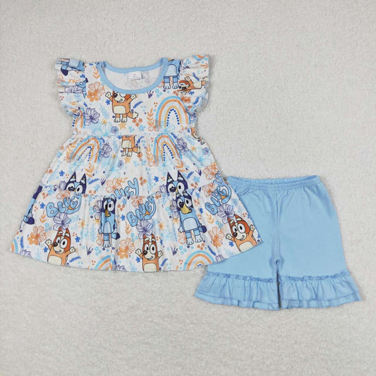 GSSO0635 Cartoon Dog Top Blue Shorts Girls Summer Clothes Set