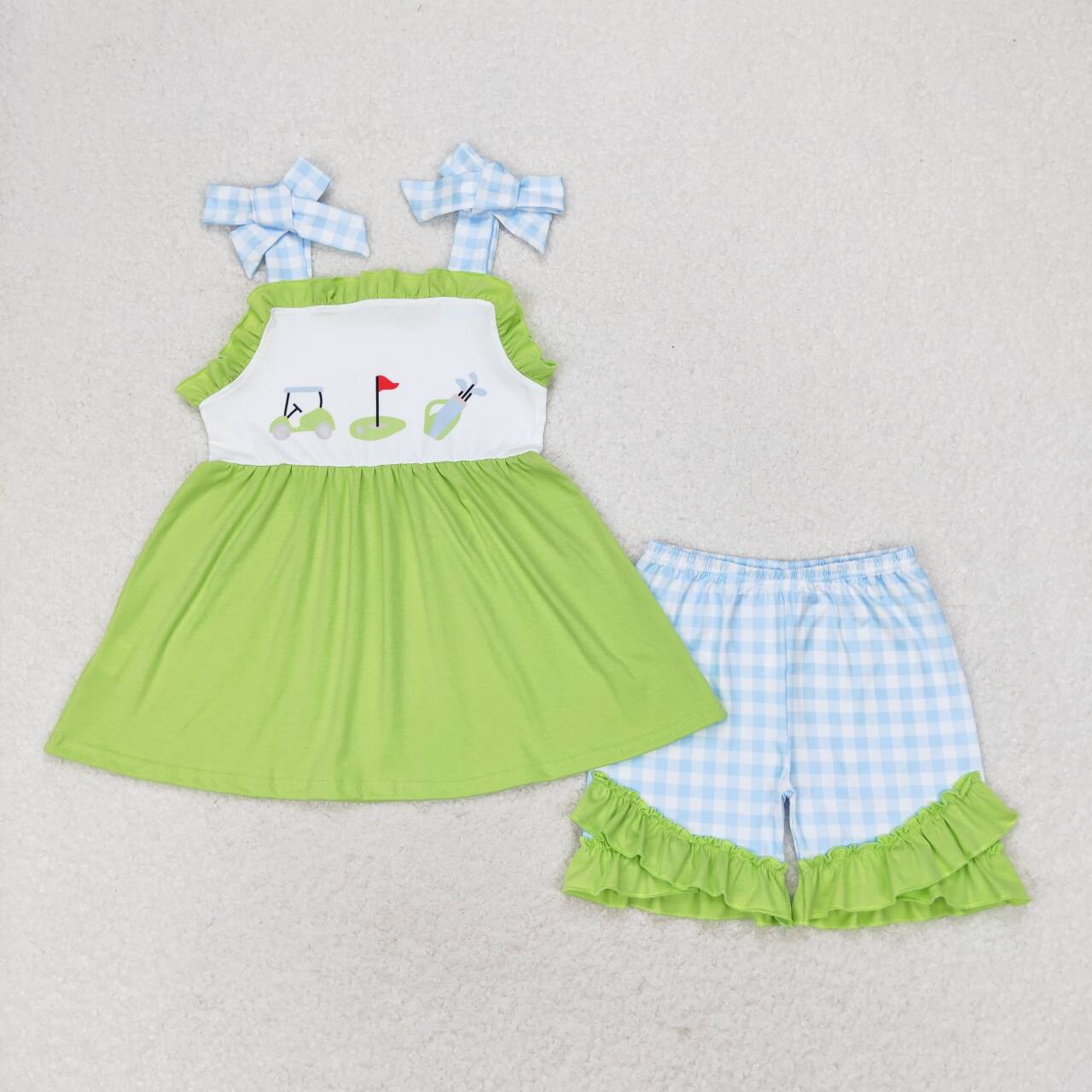 GSSO0719 Golf Print Green Strap Top Blue Plaid Shorts Girls Summer Clothes Set